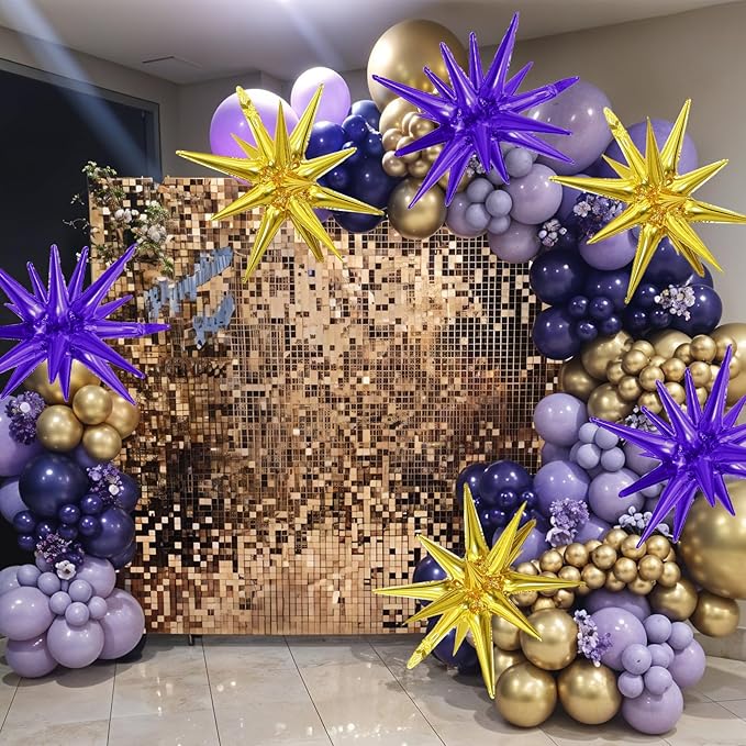 6PCS Purple Gold Star Balloons, 22Inch Large Star Shaped Balloon Foil Spike Balloon Cone Balloons for Graduation Birthday Wedding Baby Shower Halloween Festival Ceremony Decorations