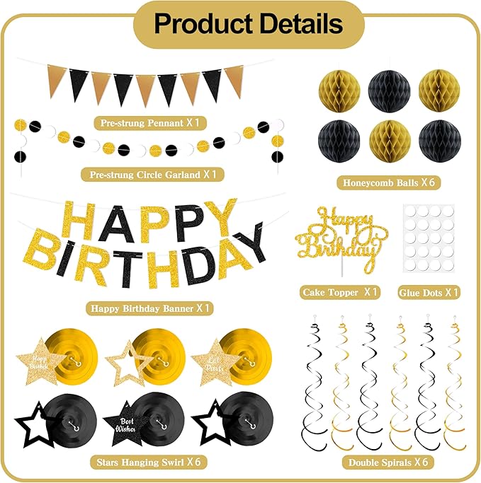Birthday Decoratioans Pre-Strung Happy Birthday Banner for Women Men Boys Girls Black Gold Birthday Banners with Pennant Honeycomb Balls Cake Topper Stars Hanging Swirl Streamers Circle Dots Garland