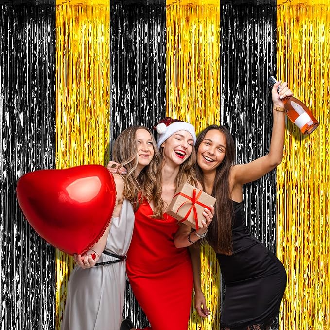 4 Pack 3.2Ft x 9.8Ft Black Gold Foil Fringe Curtain Backdrop, Metallic Tinsel Foil Fringe Streamers Curtains Background for Photo Booth, Birthday, Wedding, Graduation Party Decoration