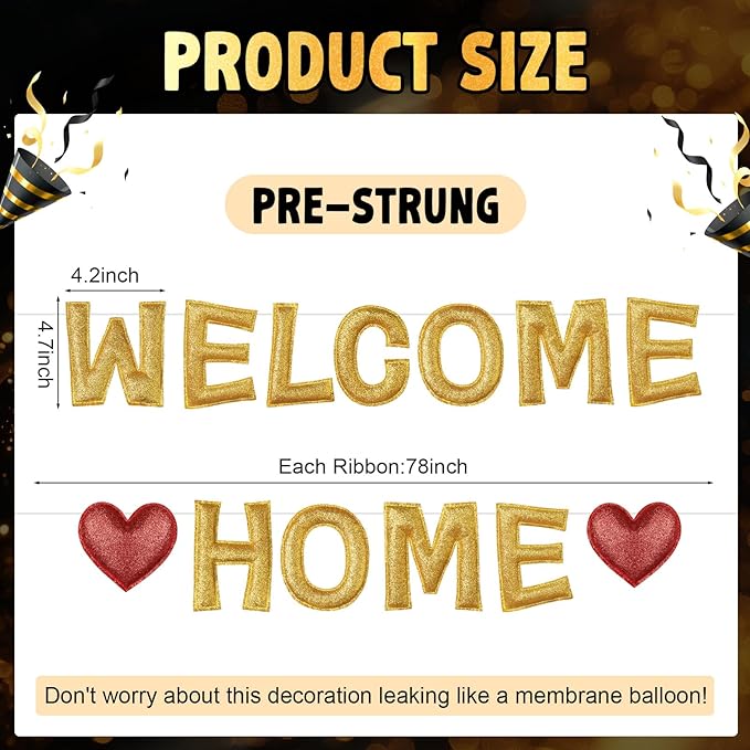 Tegeme Felt Welcome Home Banner, Pre-strung Glitter Welcome Garland Reusable Colorful Rainbow Decoration for Woman, Man Party Photo Prop(Yellow)