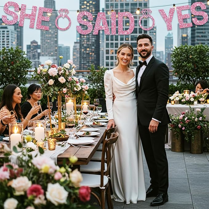 Glitter Pink She Said Yes Banner Pre-Strung Engagement Decorations Bridal Wedding Party Sign Valentine's Day Garland Bachelorette Party Decor,NO DIY