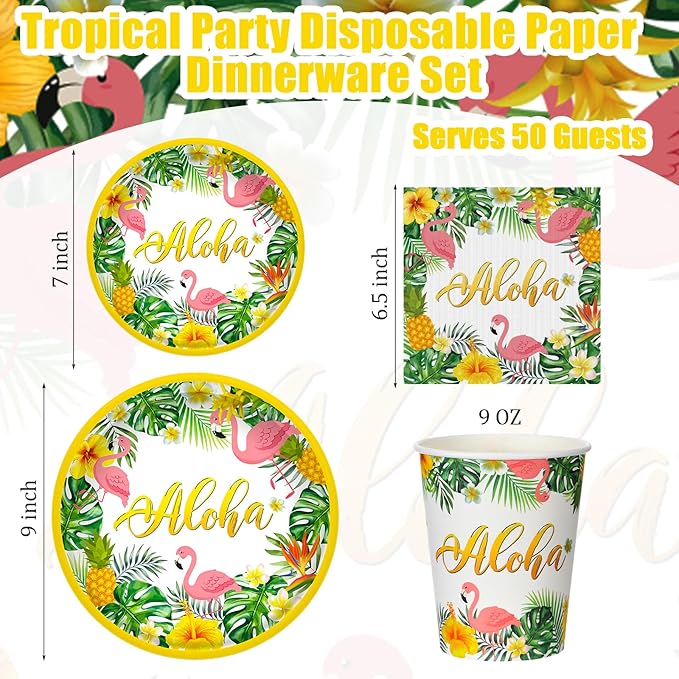 200 Pcs Tropical Hawaii Aloha Party Supplies Serve 50 Guests Luau Paper Plates Cups Napkins for Summer Beach Tableware Pool Party
