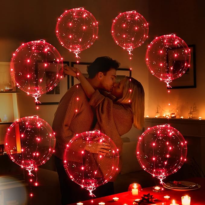 Weewooday Lighted up Balloons, 7 Packs 20 Inch Valentines Bobo Balloons with 10ft LED String Lights for Valentines Day Wedding Christmas Birthday Decoration(Red)