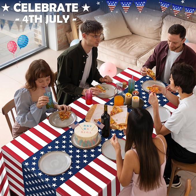 OHOME 4th of July Decorations - Patriotic American Flag Plastic Tablecloth for 250 America Anniversary USA | Fourth of July Accessories for Home Outdoor Outside Party Favors,54"x108",2 Pack