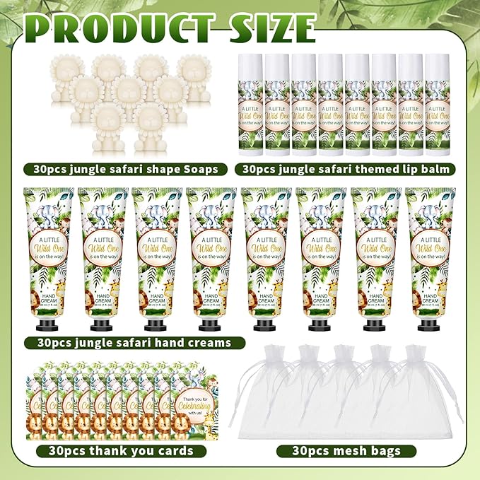 Loopeer 30 Set/150 Pcs Jungle Safari Baby Shower Favors for Guests Gifts Hand Cream Lip Balm Soap Party Favors Gifts Travel Size with Organza Bags, Thanks You Card for Baby Shower Birthday Wedding