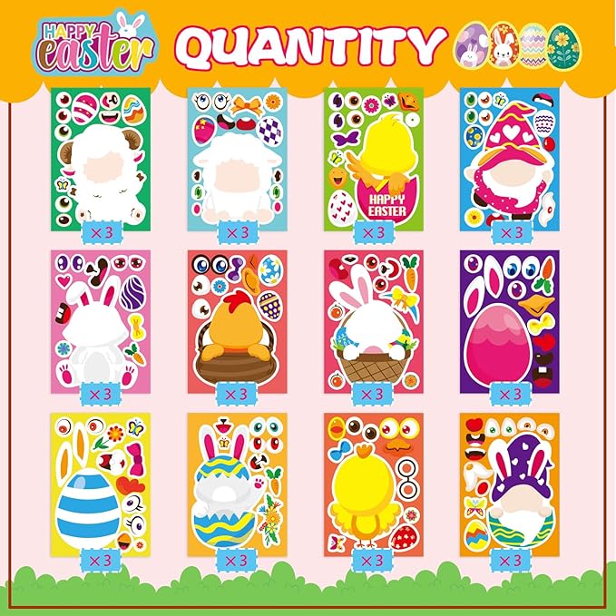 36 PCS Make a Face Stickers for Kids Make Your Own Stickers with Easter Chick Bunny Sheep Egg Pattern for Boys Girls Children Party Supplies Exchange Gifts(12 Design)