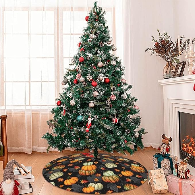 Fall Tree Skirt 48 inch, Thanksgiving Halloween Christmas Tree Skirts Ornaments Decorations, Pumpkin Maple Leaf Spider Web Design for Xmas Party Indoor Outdoor Decor