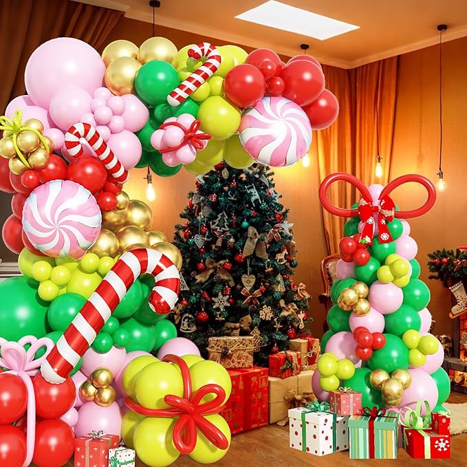 Christmas Balloon Arch Garland Kit, 123Pcs Long Green Red Paster Pink Gold Xmas Balloons with Candy Cane Foil Balloon for Merry Christmas Holiday Birthday Baby Shower Winter New Year Party Decorations