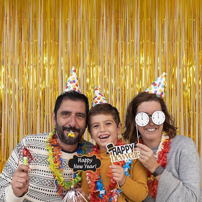 Gold Tinsel Backdrop Curtains, Melsan 3.2 x 8 ft Gold Foil Fringe Curtain Streamers for Birthday, Anniversary, Graduation & Photo Booth, Pack of 2