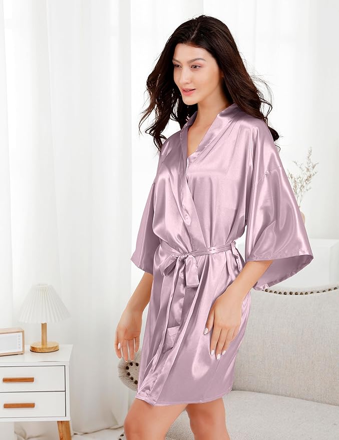EPLAZA Women's One Size Silver Rhinestones Bride Bridesmaid Short Satin Robes for Wedding Party Getting Ready