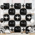 32PCS Black and Silver Square Foil Balloons Wall, Double Sided Metallic Silver Black Checkered Square Balloon Backdrop Flat Tunnel with Star Balloon Background for Disco Birthdays Graduation New Year