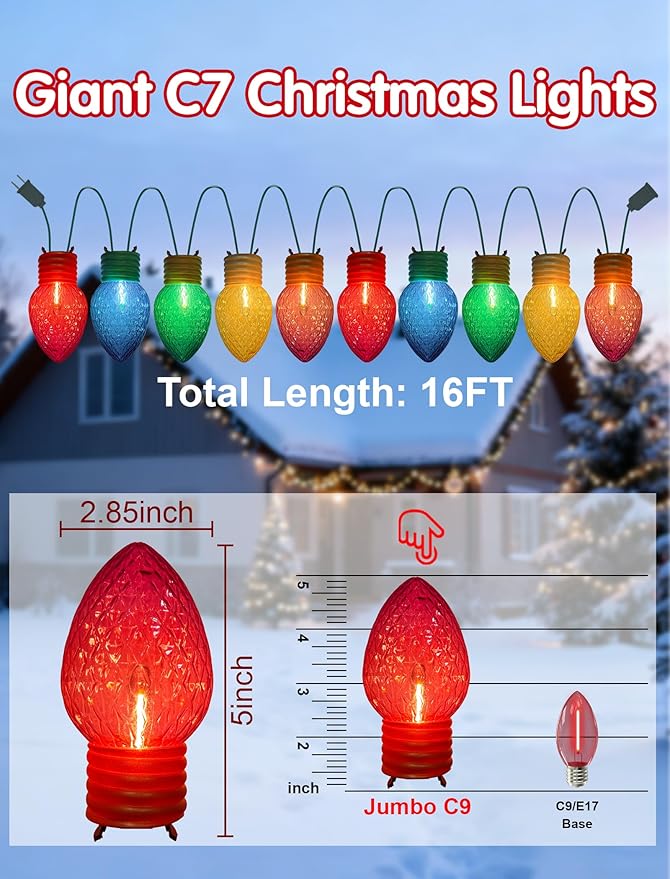 Jumbo Christmas Lights String,16FT C7 Giant Christmas Lights Decorations Connectable Hanging Lights with 10 Multicolor Strawberry Big Bulb for Roof Yard Garden Outside Decor
