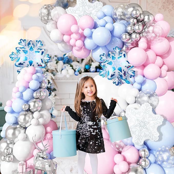 Winter Wonderland Balloon Arch Garland Kit, Light Pink Baby Blue White Balloon with Snowflake Foil Balloons for Christmas Ice Wonderland Snow Baby Shower Gender Reveal Birthday Party Decorations