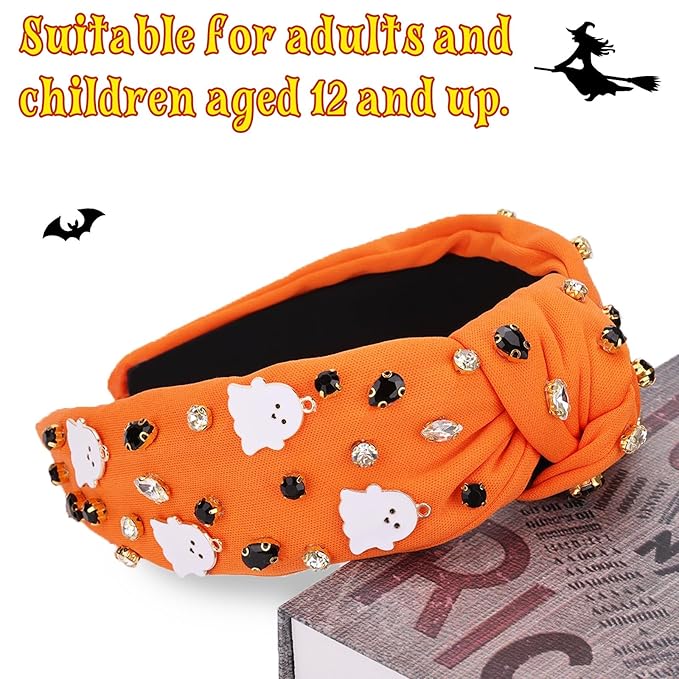 Halloween Headbands for Women, Orange Ghost Rhinestone Wide Jeweled Knotted Headband, Crystal Beaded Jeweled Top Knot Embellished Headband Hair Accessories Halloween Birthday Gift