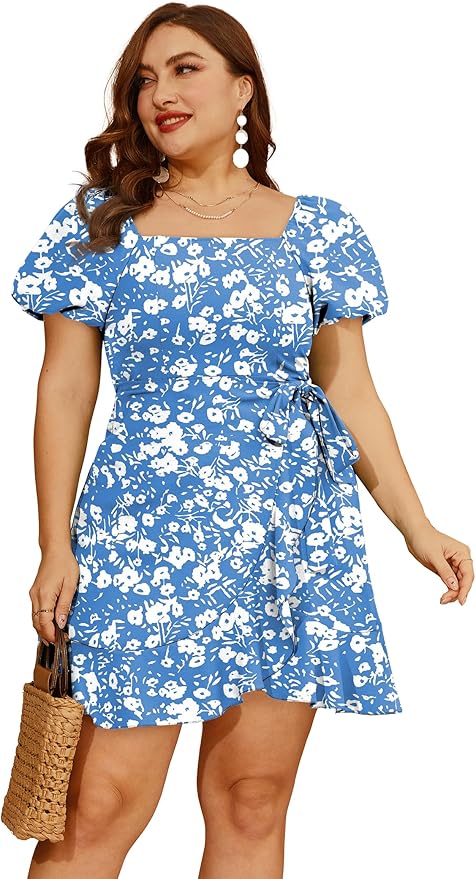 Sampeel Womens Summer Dresses Square Neck Puff Sleeve Tie Waist Short Dress
