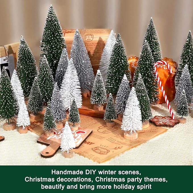 30Pcs Mini Christmas Trees Artificial Christmas Tree Bottle Brush Trees with Wooden Base for Christmas Decor Party Home Table Craft Decorations(Green+Silver+White)