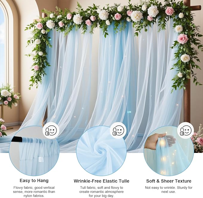 Baby Blue Backdrop Curtains for Baby Shower Decorations 10×8FT Tulle Backdrop Curtain with Lights for Boy Parties Elephant Birthday Party Photo Shoot Backdrop Background Decorations (2 Panels 4×10ft)