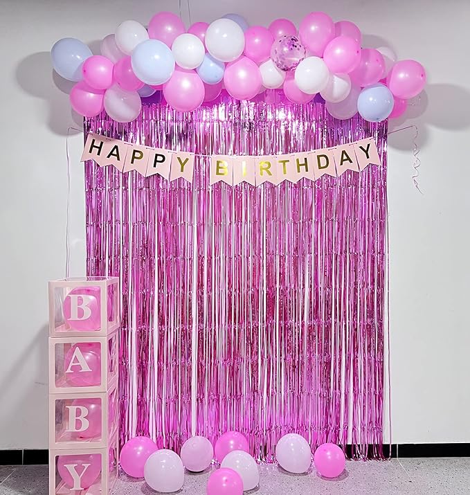 Pink Foil Fringe Curtains Tinsel Backdrop, Melsan 3.2 x 8 ft Metallic Tinsel Curtains Party Decorations for Baby Shower, Princess Themed Birthday Party Backdrop - Pack of 2