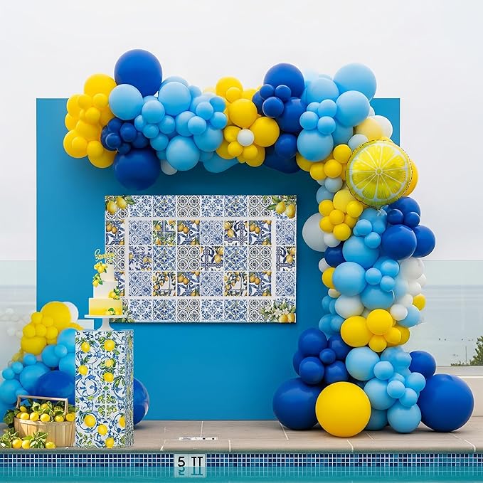 Lemon party decorations with Royal Blue Yellow White balloon arch kit Lemon foil balloons Banner Backdrop for bachelorette bridal shower capri italian amalfi coast wedding Bride to be decorations