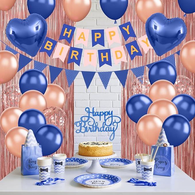 Navy Blue Rose Gold Birthday Decorations,Happy Birthday Banner Fringe Curtain Heart Foil Balloons for Women Girl Boys Men