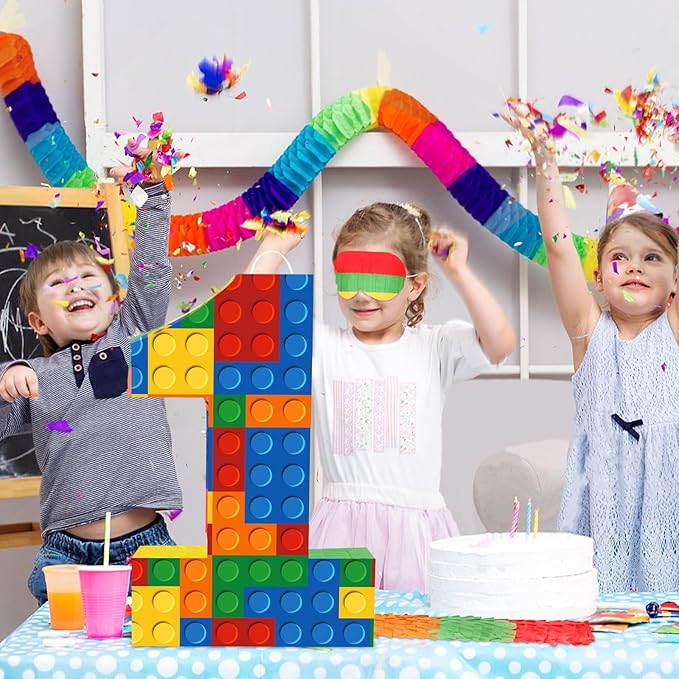 Number 1 Pinata Building Blocks with Pinata Stick Blindfold 1st Birthday Party Decorations for Kids Happy Birthday Building Block Theme Anniversary Party Supplies (Small, 16 x 10.6 x 3 In)