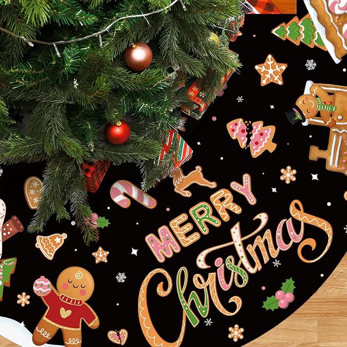Capoda Black Christmas Tree Skirt Gingerbread Man Candy Christmas Tree Skirt 48 Inch Xmas Tree Mat Gingerbread Christmas Tree Skirts Mat for Holiday Christmas Party Decorations Indoor Outdoor