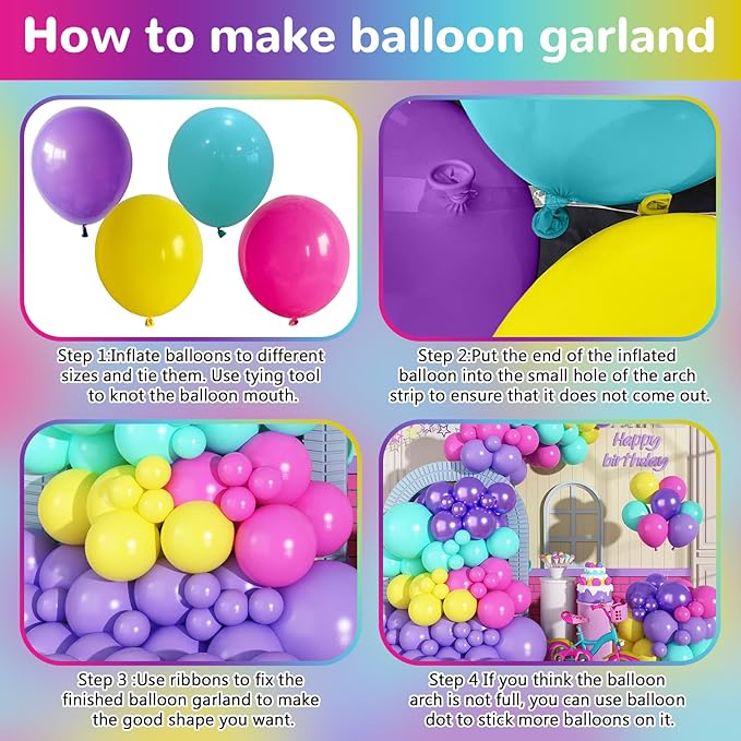 Pink Blue Purple Balloons Garland Arch Kit 132 Pcs Hot Pink Metallic Purple Teal Yellow Latex Helium Balloon Garland for Kids Magic Theme Baby Shower Mermaid Birthday Princess Party Decoration