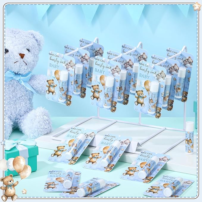 30 Pack Blue Bear Baby Shower Games Prizes Gifts Bulk Bear Lip Balms Favors for Winners Boys Girls Gender Reveal Favors Decorations Winter New Year Baby Shower Souvenirs Gift Bags Stuffer