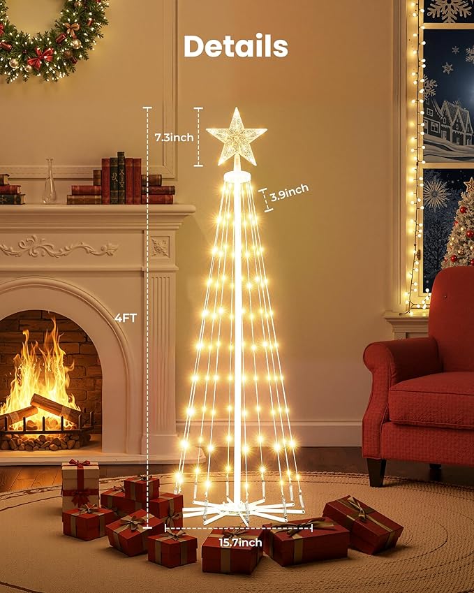 LED Christmas Cone Tree Light with Remote, 4 Feet 110 LED Outdoor Lightshow Christmas Tree with Star Topper, Dimmable Artificial Christmas Tree for Porch Yard Patio Indoor Decorations, Warm White