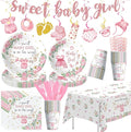 Pink Baby Girl Baby Shower Decorations, Floral Sweet Baby Girl Party Supplies, Plate, Napkin, Cup, Tablecloth, Banner, Swirls, Cutlery, Girl Gender Reveal Table Decorations, Serves 24