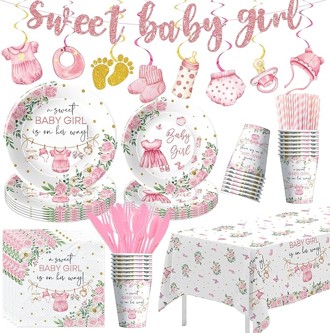 Pink Baby Girl Baby Shower Decorations, Floral Sweet Baby Girl Party Supplies, Plate, Napkin, Cup, Tablecloth, Banner, Swirls, Cutlery, Girl Gender Reveal Table Decorations, Serves 24