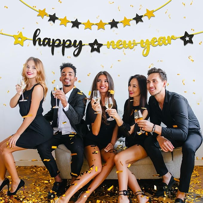 Happy New Year Banner, 2026 New Years Eve Party Supplies NYE Sign Decorations with Stars for Mantle Fireplace Holiday Decor