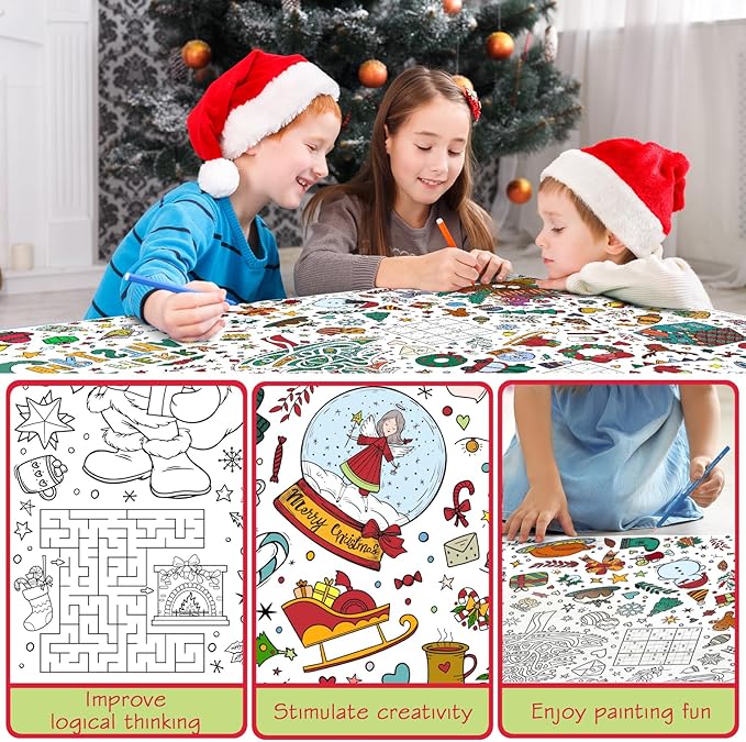 GWHOLE Christmas Coloring Tablecloth, Christmas Crafts for Kids 40 x 28 Inch Coloring Poster Table Cloth for Kids Eve Party Suplies