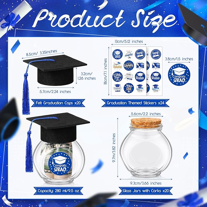 20 Sets Glass Graduation Cap Candy Jars Class of 2026 Graduation Party Decorations Candy Boxes Containers with Sticker for 2026 Grad Ceremony Party Supplies DIY(Blue and Gold)