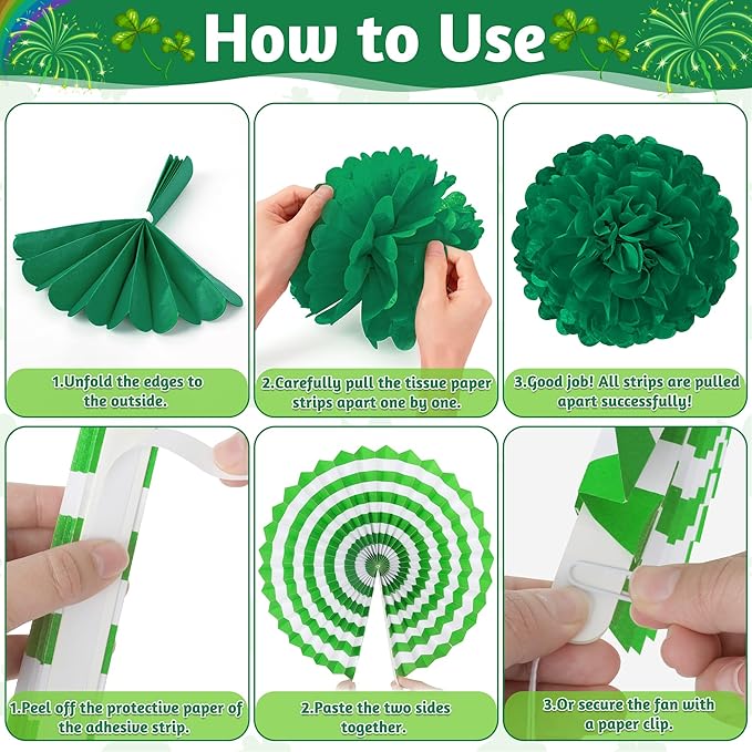 28 PCS St Patricks Day Decorations, Green St Patricks Day Paper Fan Set, Shamrock Decorations with Paper Fans Pompoms, Cards and Swirls, Banner and Garlands, Green Party Decorations for Home