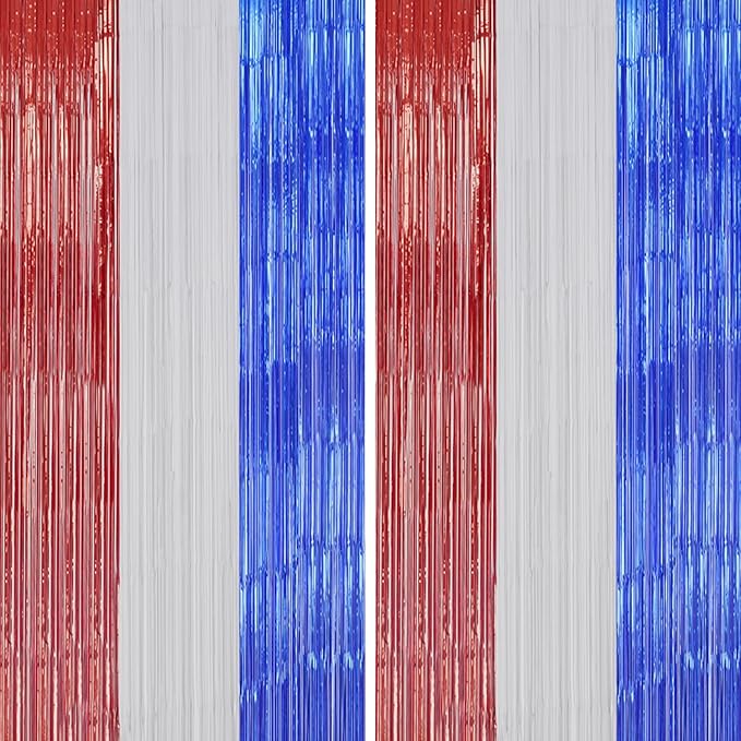 2 Pack Foil Fringe Backdrop - Red&White&Blue Shiny Tinsel Curtains for Party Decoration/Photo Booth Props - 3.3x6.6 FT Metallic Foil Backdrop for Birthday, Wedding, Graduation, Christmas.