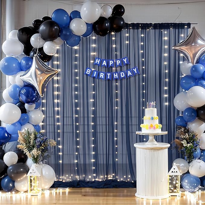 30×10ft Navy Blue Tulle Backdrop Curtain with Lights String for Parties, Sheer Photo Backdrop Curtains for Wedding Party Photography Background