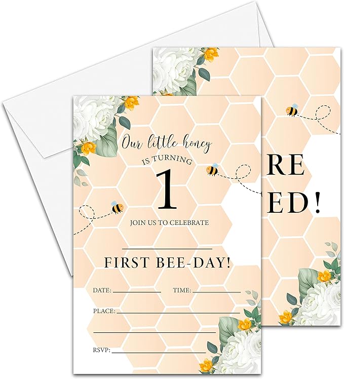 Honeycomb 1st Birthday Invitations Cards, 4"x 6" Honey Bee Birthday Party Invites with Envelopes for Party Decorations Supplies(20 Pieces) -D20