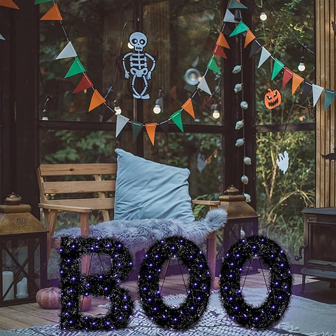 ATDAWN 3 Piece Outdoor Boo Sign Halloween Decoration, Lighted Boo Yard Display Set, Boo Yard Sign for Halloween Indoor Lawn Decor, Black & Purple