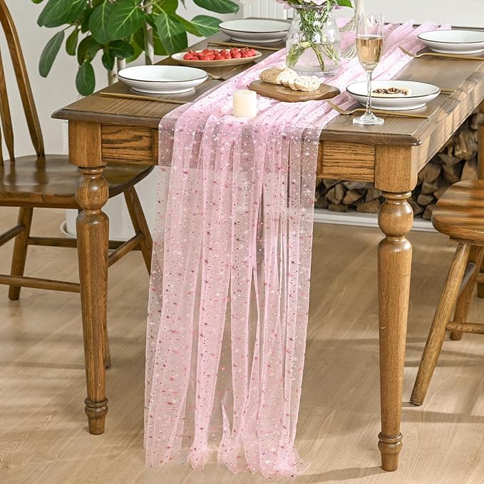 Horaldaily Pink Gold Sparkling Star Gauze Tablecloth 52x70 Inch Rectangular, Pink Star Sequin Glitter Metallic Foil, Sheer Tulle Cheesecloth for Wedding Baby Shower Party