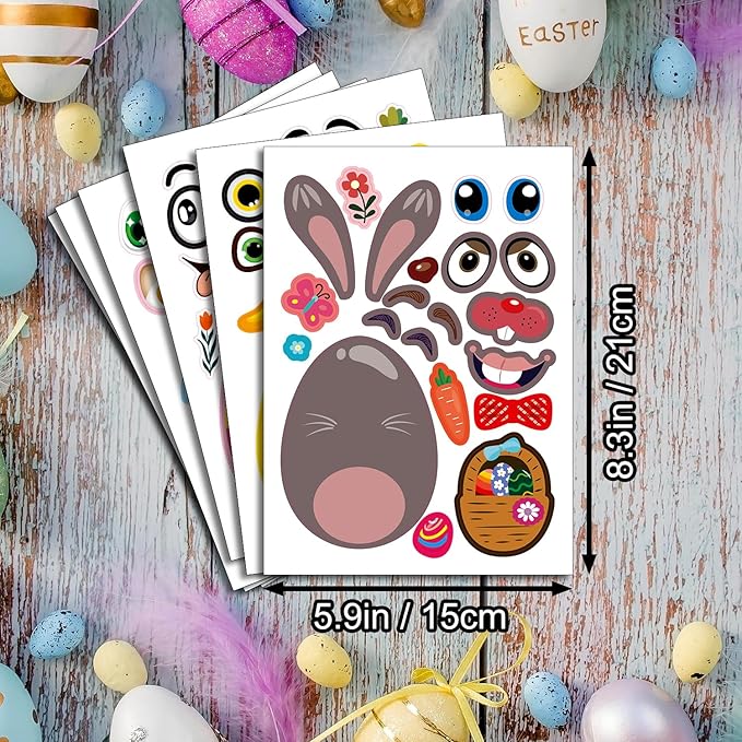 24 Sheets Easter Stickers for Kids Toddlers, Easter Basket Stuffers, Make A Face Stickers Crafts with Eggs Themed, Kids Party Favor Supplies Decorations Activities Gifts for Girls Boys