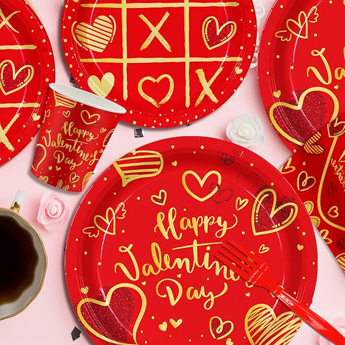 140Pcs Valentine's Day Party Supplies Tableware Set Red Heart Love Valentine's Day Paper Plates and Napkins Anniversary Wedding Party Decorations Couple Dating Dinner Plates, Serve for 20 Guest