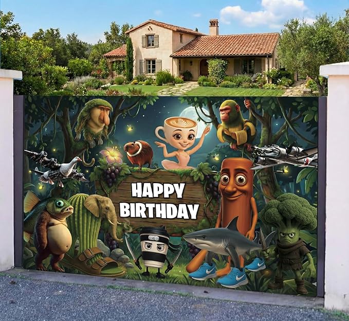 IndoTribe Italian Brainrot Birthday Decorations 6x4ft Italian Brainrot Happy Birthday Backdrop Jungle Theme Italian Brainrot Birthday Party Decorations Italian Themed Happy Birthday Banner for Boys