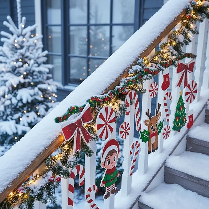 22 Pcs Christmas Fence Decorations Outdoor Xmas Garland Deer Gingerbread Peppermint Candy Yard Signs with LED String Lights for Christmas Holiday Outside Lawn Garden Window DIY Decor