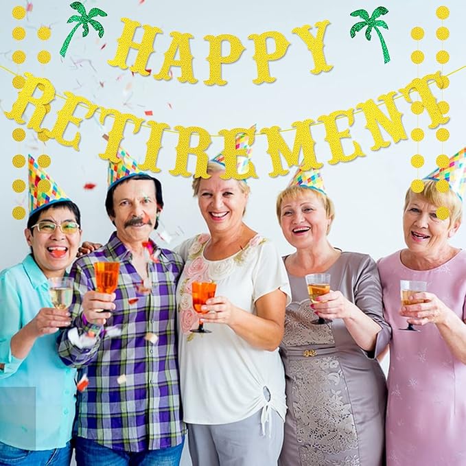 Gold Glitter Retirement Banner, Happy Retirement Party Decorations, Farewell Party Decor - Summer Beach Theme for Men & Women