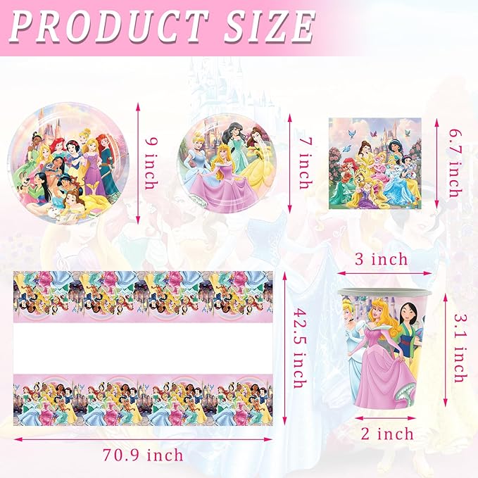 81 PCS Princess Birthday Party Supplies, Princess Tableware Set Includes 20 PCS Plates, 20 PCS Napkins, 10 PCS Paper Cups, 1 PCS Tablecloth and 10 PCS Plastic Knives/Spoon/Forks for Party Decorations