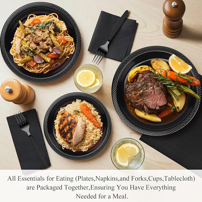 Black Plastic Plates for Party,100 Guest - 7&9inch Plates,Napkins,Forks,Cups & Tablecloths,Disposable Party Supplies for for Birthday,Halloween,Christmas Parties, Graduations
