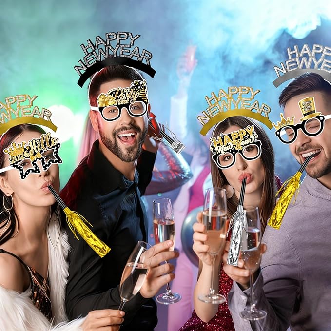 Openfly 36Pcs New Years Eve Party Supplies 2026 Happy New Year Hats Headband Tiara Noise Makers Paper Glasses Party Favors