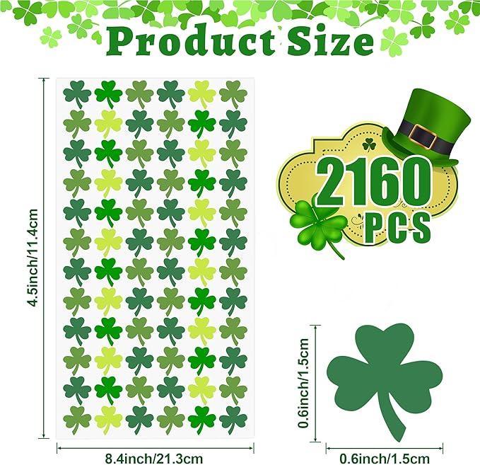 2160 PCS St Patricks Day Stickers Shamrock Stickers Small St. Patrick's Day Sticker for Kids Saint Patricks Day's Green Lucky Clover Self-Adhesive Labels Decor For Irish Party Envelope Cards Gift Bags