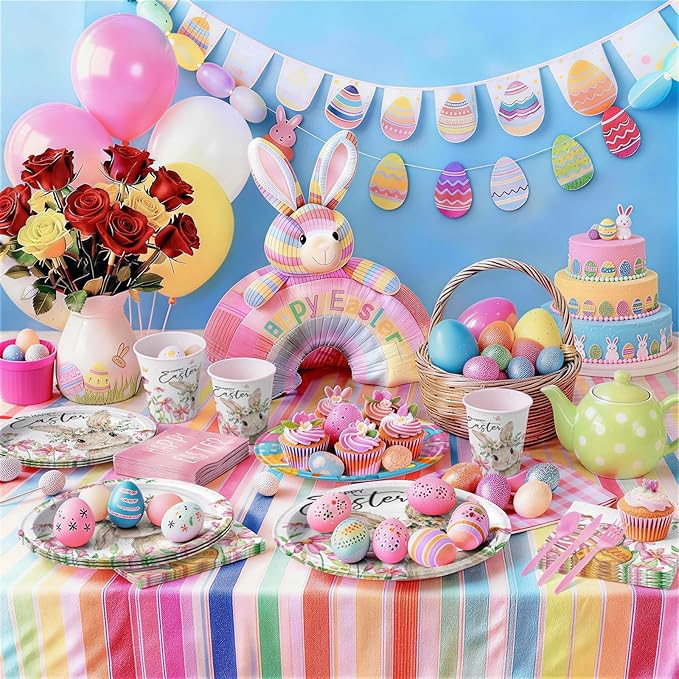 168PCS Easter Party Supplies Happy Easter Party Decorations Vintage Bunny Flower Paper Plates Napkins Cups Cute Rabbit Wlidflower Themed tableware for Spring Holiday Picnic Serve 24